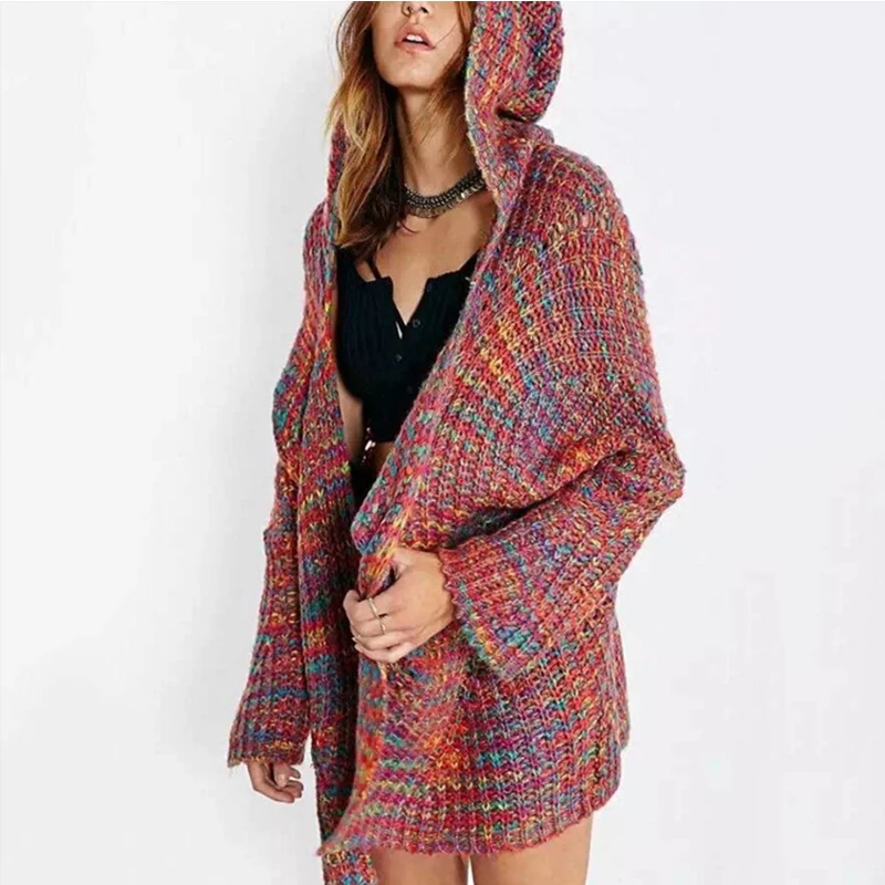 

2020 Fall/Winter Korean Fashion Women's Knitwear Loose Large Size Color Flower Line Hooded Sweater Cardigan Fall 2020 Women