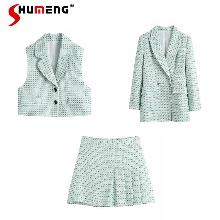 

2021 Spring Autumn New Ladies European Style Graceful Suit Women Fashion Office Lady Solid Plaid Texture Blazer Three-piece Sets