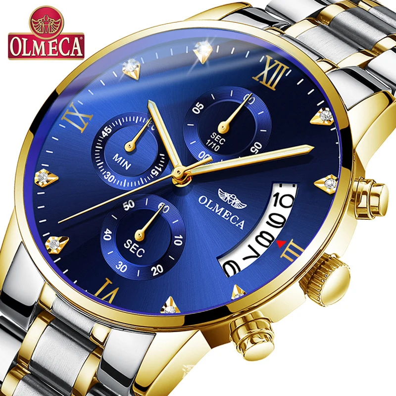 

OLMECA Luxury Brand Gold Chronograph Quartz Watch Men Stainless Steel Date Men's WristWatch Top Male Clock For relogio masculino