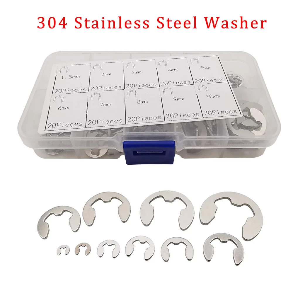 

200 шт./корт. 1,5 мм-10 мм стопорное кольцо Омыватель застежка вала Набор в ассортименте 304 нержавеющая сталь E-type открытая клипса