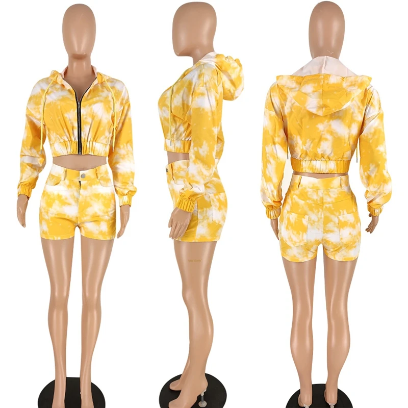 

Autumn Winter Clothes Two Piece Set Print Long Sleeve Hooded Crop Top+Shorts Sets Tracksuit Women Streetwear Wholesale Items