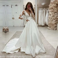 vintage wedding dresses v neck appliques lace long sleeves backless white satin a line boho bride gown 2021 vestidos de novia