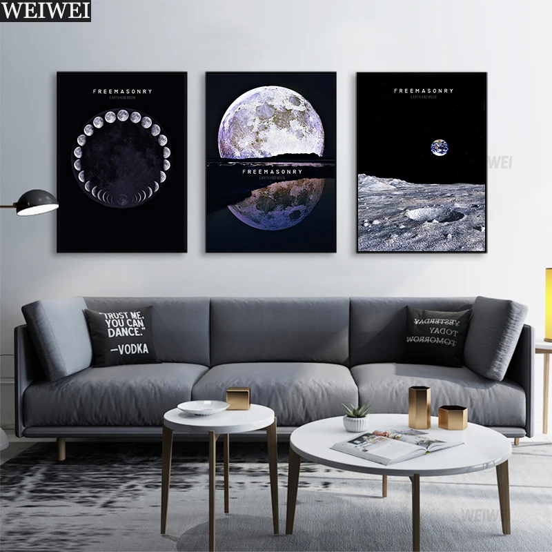 

Canvas Poster Black and White Moon Earth Nordic Wall Art print Painting Decorative Pictures for Living room Moden Home Decor
