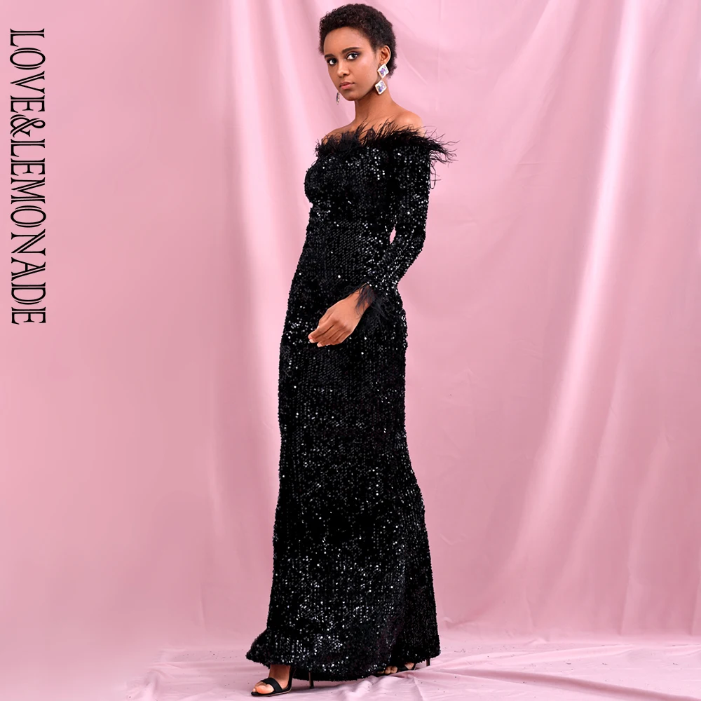 LOVE & LEMONADE сексуальное черное платье с воротником и длинными рукавами украшенное