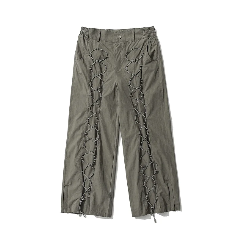 

Strap Drawstring Straight Streetwear Mens Casual Trousers Harajuku Oversize Retro Solid Baggy Elastic Waist Cargo Pants