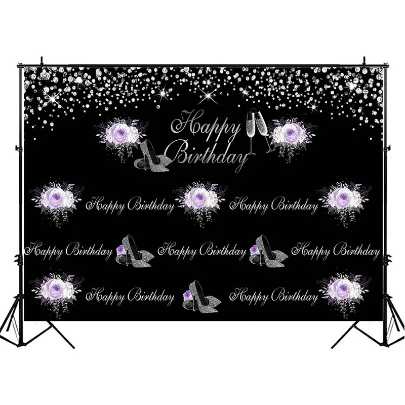 Purple Flower Happy Birthday Background for Photography Repeat Steps Backdrop Flash Silver High Heels Black Photo Background enlarge