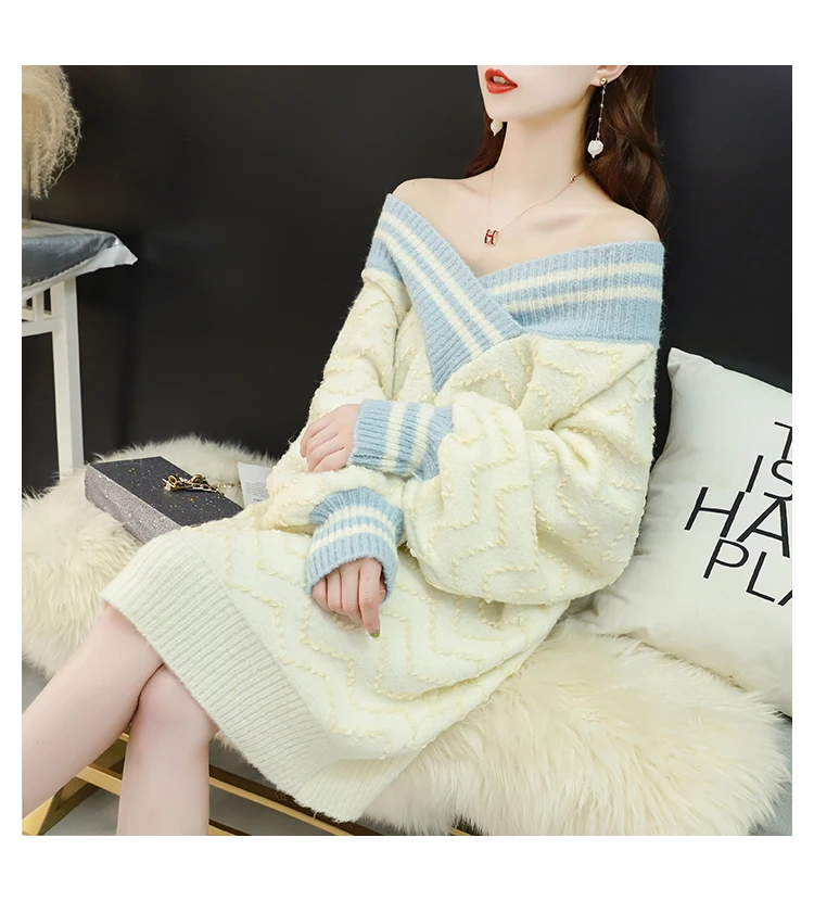 HF19236 Beige H. SA женские свитера с низким v-образным вырезом, сексуальные с большим вырезом, полосатые волнистые длинные свитера с рукавами-фонариками, кашемировый свитер, женский корейский джемпер - Цвет: HF19236 Beige