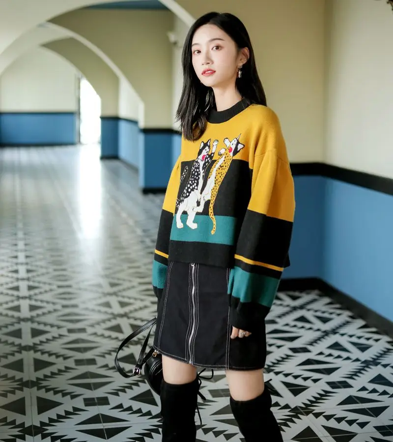 Пуловер CHEERART свитер женский полосатый Свободный вязаный с мультяшным принтом