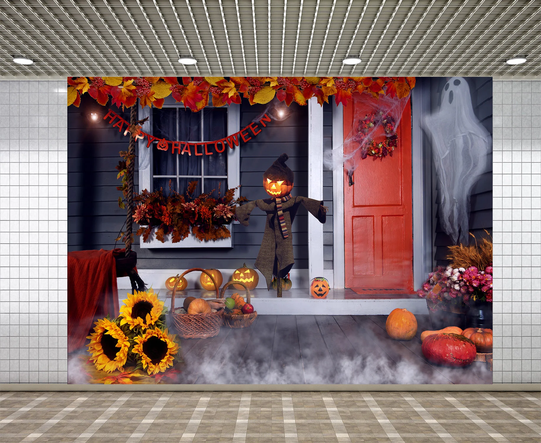 Lyavshi фото фон Фотофон Хэллоуин Тыква деревянный дом пугало Подсолнух фотостудия