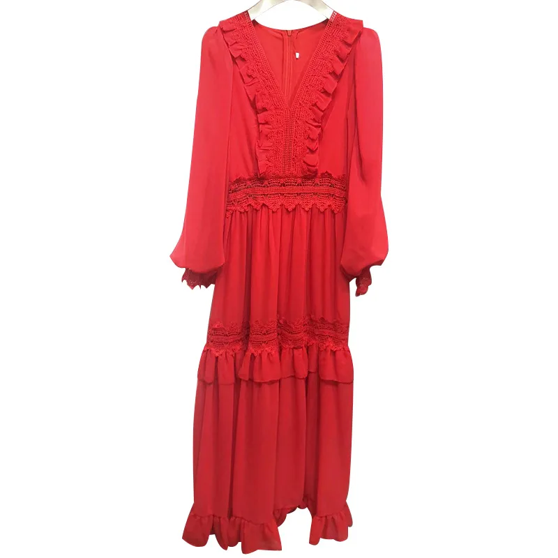 

Fashion Party Dress Elegant Long Sleeve Red Banquet V-Neck Celebrity Party Dress Sexy Long Dresses