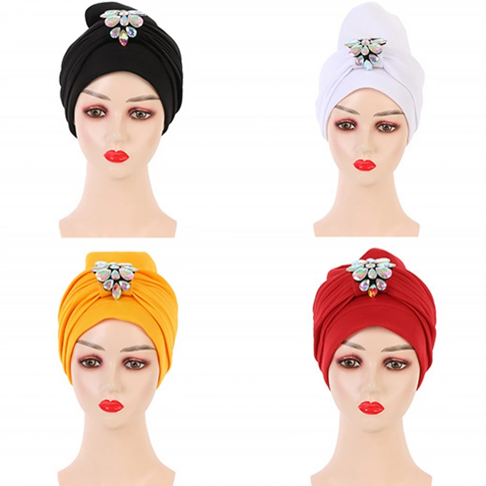 

New Diamonds African Auto Gele Headtie Ready To Wear Women's Turban Cap Muslim Headscarf Bonnet Female Head Wraps Autumn Winter