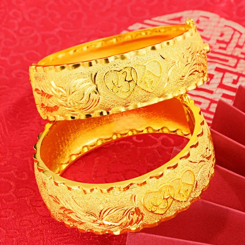 

24k Yellow Gold Bridal Bracelet Women Marry Dragon Phoenix Classical Matte Gold Wedding France/African Jewelry Bracelets Gifts