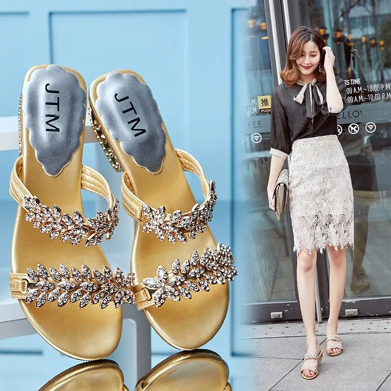 

Luxury brand sliver sandals women summer mules wedges shoes rhinestone ladies sandals plus size 34-43