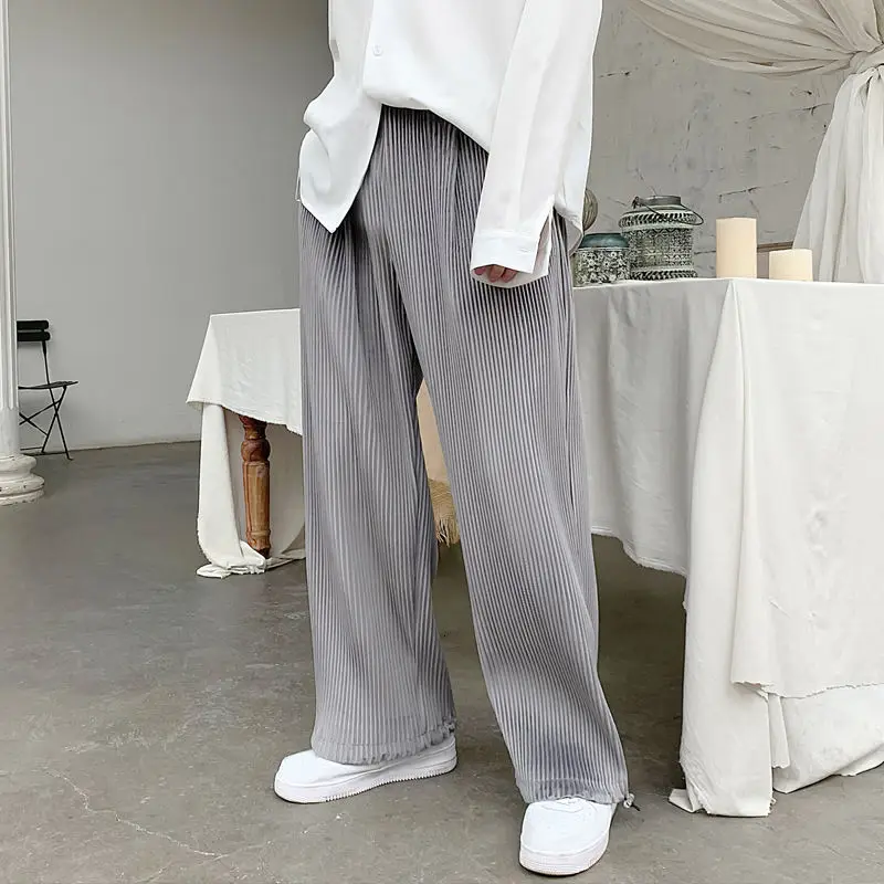 

Spring Summer Pleated Casual Pants Men's Korean Loose Solid Color Straight-leg Pants Men Streetwear Ice Silk Mopping Pants Men