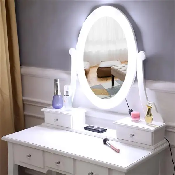

FCH With LED Light Bulb Single Mirror 5 Drawer Bedroom Dressing Table White has a 360-degree rotation function Makeup T able Wi