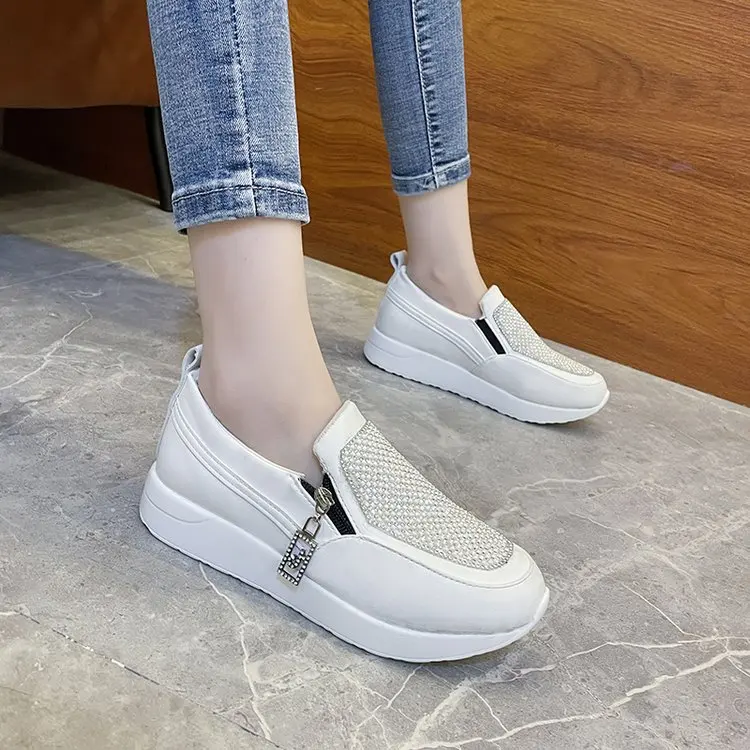 

2021 New Fashion Large Size Women's Shoes Rhinestone Thick Bottom Side Zipper Fashion Casual Sports Women's Vulcanized Shoes