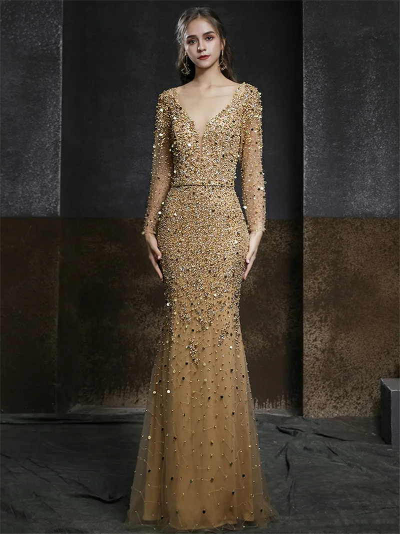 

Женское вечернее платье с юбкой-годе, длинным рукавом и V-образным вырезом