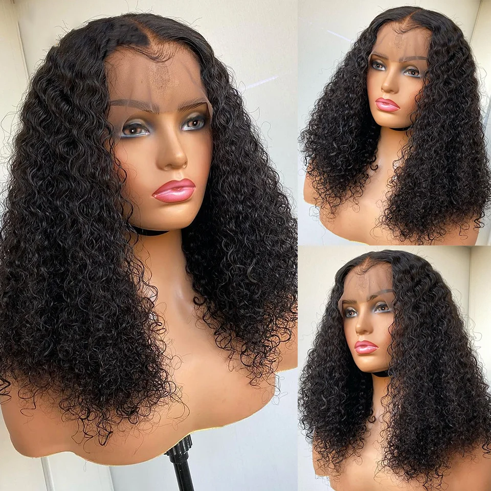 

180% Density 12Inch Blunt Cut Short Bob Kinky Curly Synthetic Lace Front Wig Glueless Lace Wigs For Black Women Daily Wear Fiber