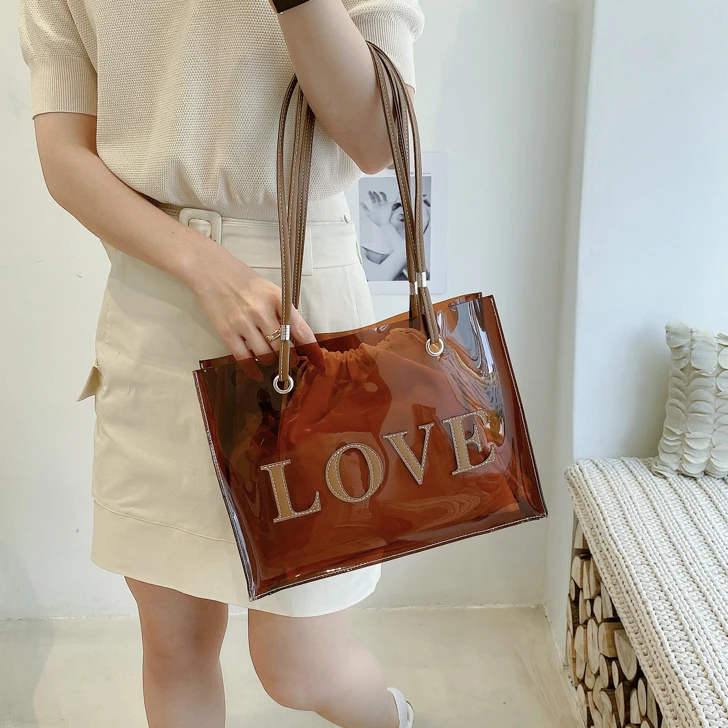 

Fashion Women Jelly Transparent Handbag Summer Large Capacity Tote Shoulder Bags Female Letter Underarm Bag Lady Shopping Bag