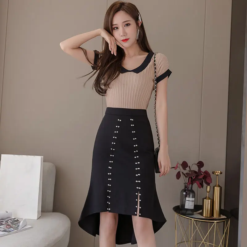 REALEFT Новинка весна лето рыбий хвост миди юбки заклепки лоскутное элегантный