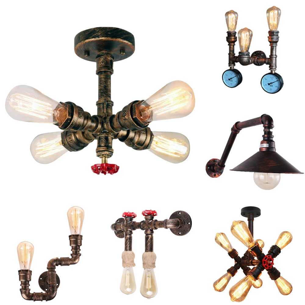 Vintage Industrial Loft Water Pipe Wall Light Retro Iron Ceiling Lamp Multi Lights Lighting Living Room Bathroom Decor E27 | Лампы и