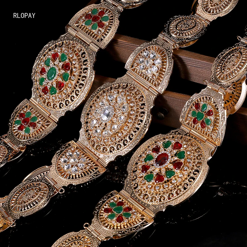 

RLOPAY New Heart Shape Rhinestone Gold Chain Belts for Women Turkish Caftan Belts Arabic Moroccan Wedding Belts