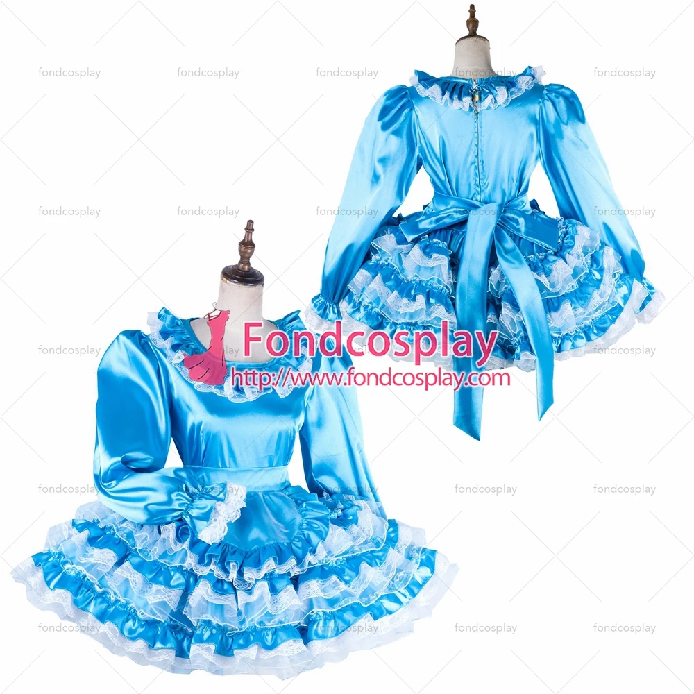 

fondcosplay adult sexy cross dressing sissy maid short lockable blue Satin Organza dress Uniform apron Tailor-made[G2016]