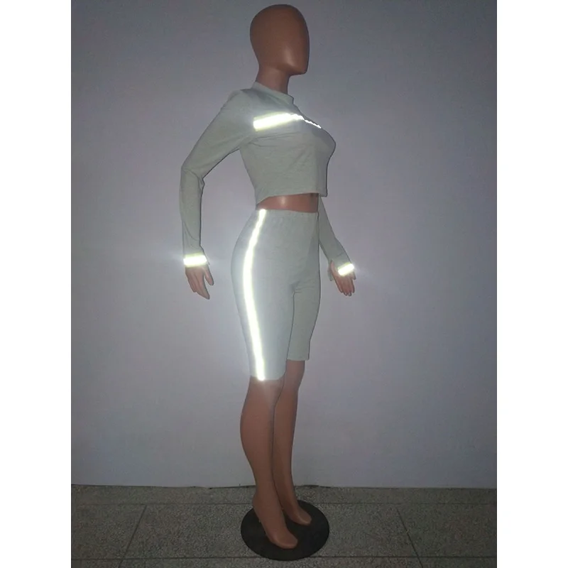 

2020 Spring Womne Reflective Two Piece Set Color Patchwork Tracksuit Women Long Sleeve Shirt + Short Pants Sportwear Plus Size