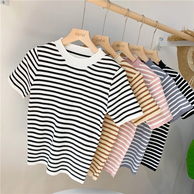 

Korean Style T Shirts For Women Fashion Casual O Neck Short Sleeve Top Trendy Wild Slim Striped Knitted T-shirt M5