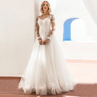 charming princess wedding dress 2021 a line sheer neck long sleeve lace appliques button sweep train bride gown robe de mari%c3%a9e