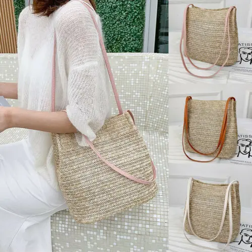 

Women Crossbody Shoulder Bag Knitted Straw Messenger Satchel Handbag Bucket Bag