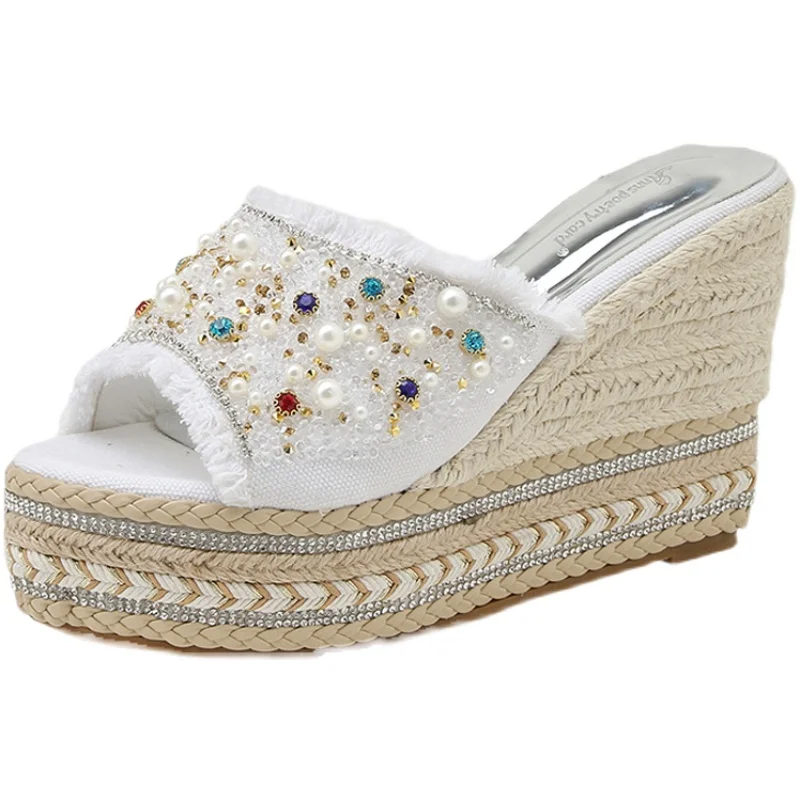 

High-Heeled Shoes Lady Glitter Slides Woman's Slippers Multicolored Sandals On A Wedge String Bead Platform Jelly 2021 Crystal P