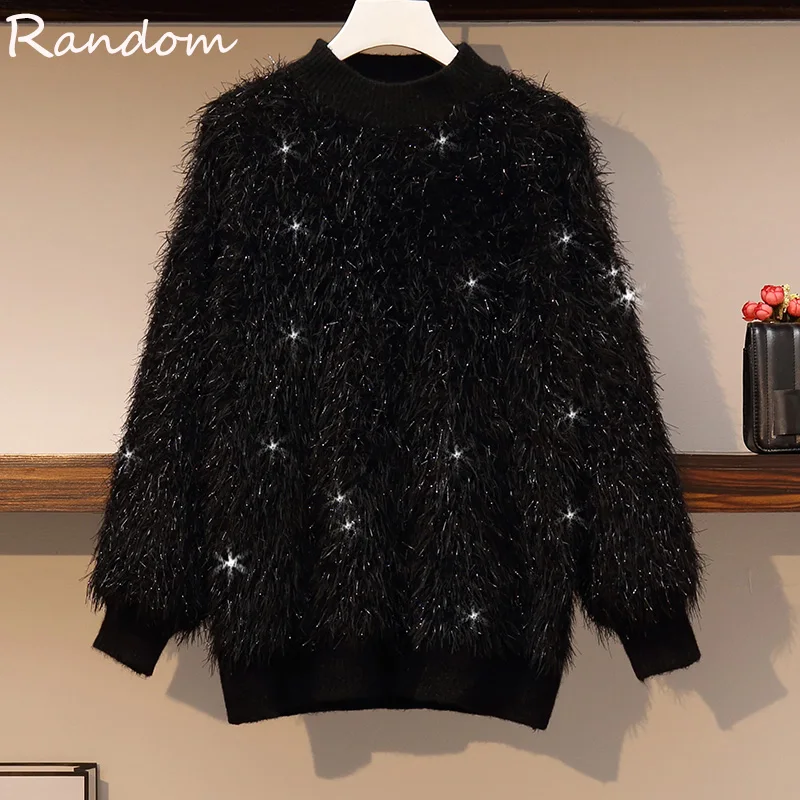 2020 Fall Winter Clothes Thick Cashmere Women Sequin Oversized Sweater Pullover Knitted Wool Ladies Jumper Plus Size 5XL Big Top | Женская