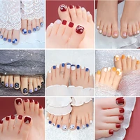 cartoon flower foot fake nails women rhinestone shiny toenail press on foot nails whit glue art diy decorate z1137