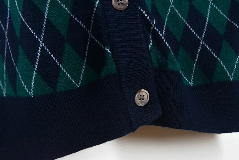 

2020 Argyle Women Fashion Knitted Cardigan Sweater Vintage Long Sleeve Button Bow Female V-neck High Quality Outerwear Chic Top