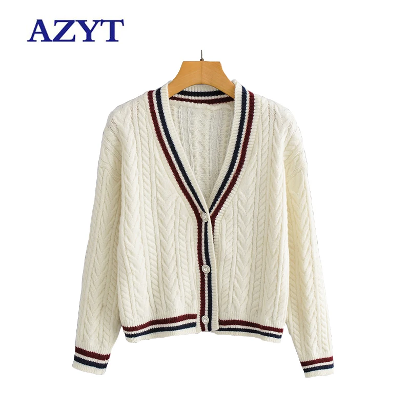 

Женский свободный вязаный кардиган AZYT, полосатый короткий кардиган с V-образным вырезом, повседневная трикотажная одежда, осень 2021