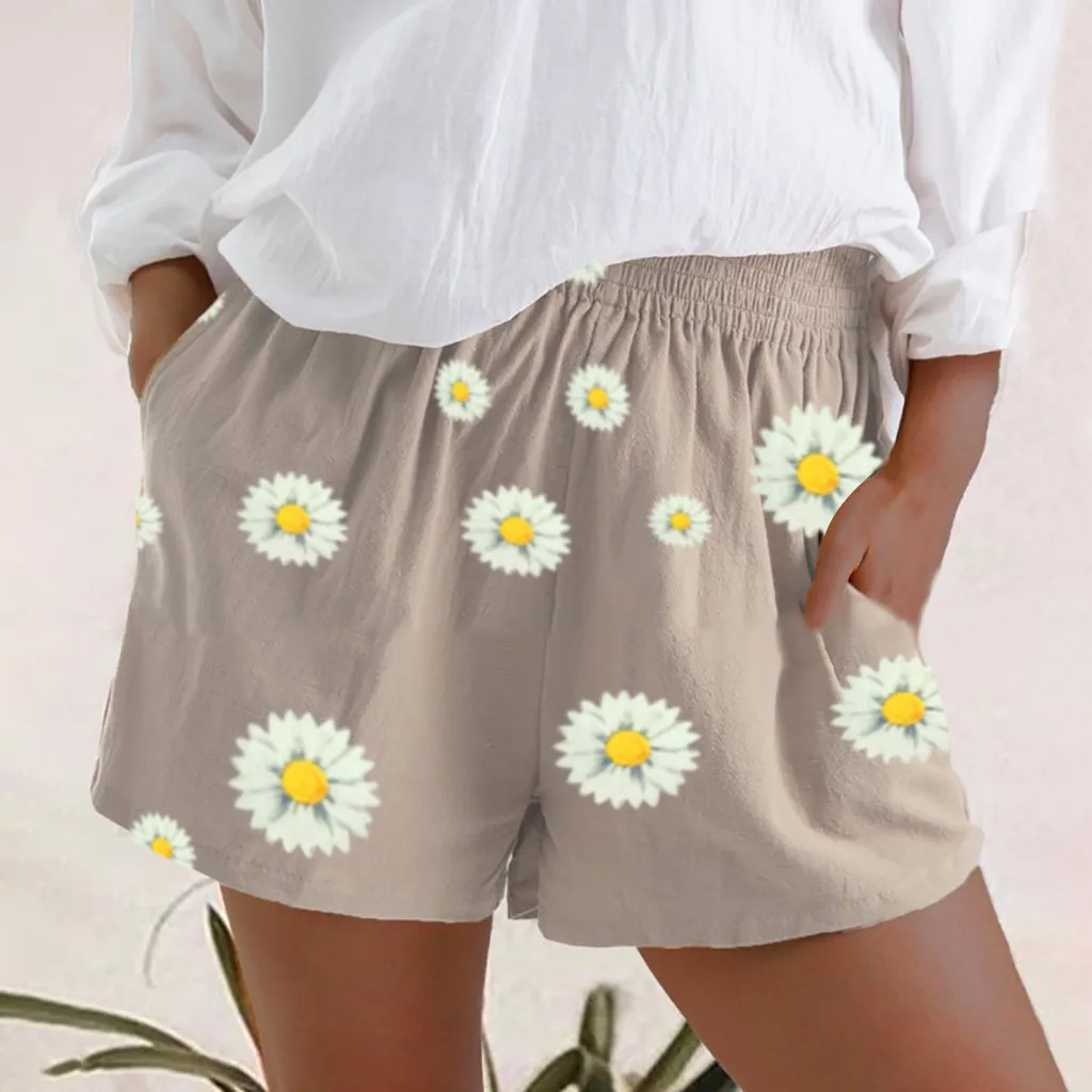 

High Waist Short Pants Women Plus Size 5xl Pocket Cotton Linen Loose Shorts Vintage Daisy Print Shorts Summer Casual Psnts A20