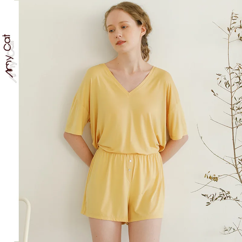 Лето 2020 модал сплошной цвет и v образный вырез шорты с коротким рукавом Пижамный