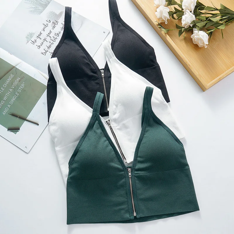

Sexy V-Neck Crop Tops Women Fashion Front Zipper Lingerie Vest Wirefree Padded Vest Underwear Girls Beauty Back Sports Tank Top