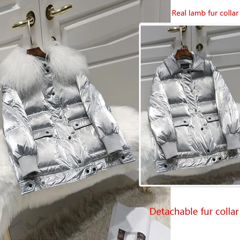 Женская куртка на белом утином пуху черная блестящая теплая парка с воротником