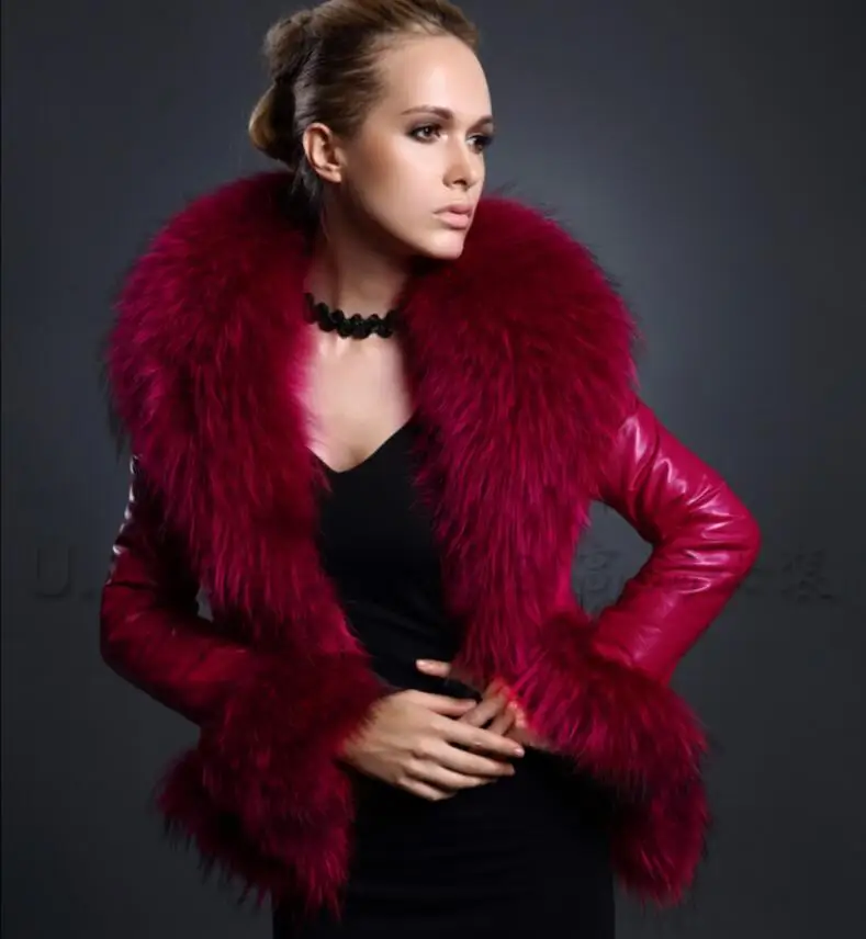 Indie Coat Jackets Red Black Raccoon Fur Collar Imitation Fur Pu Fur Short Slim Fit Coat Sheep Skin Leather Jacket Women 2021