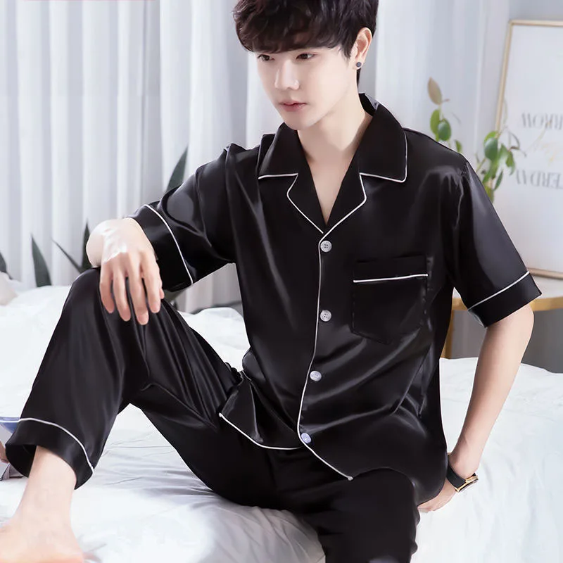 CAIYIER Summer Men Pajamas Set Short Sleeve Blue Male Sleepwear Soft Casual Fashion Men's Silk Nightwear Long Pants Loungewear