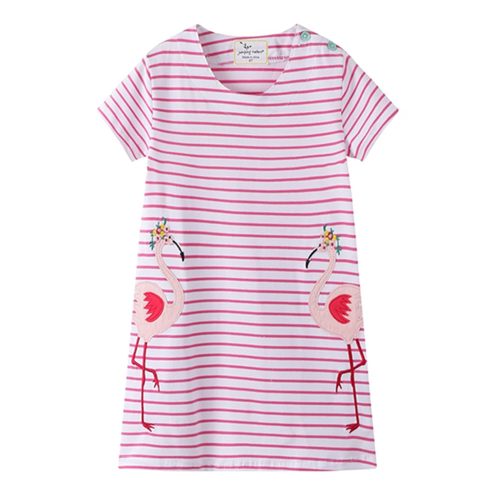 

2-7 Years Girl's Dress Embroideried with Ostrich Pink Striped T-Shirt Dress for Toddler Kids Summer Outfit Clothes