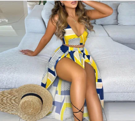 

2021 summer new fashion black yellow color split sling suit long dress