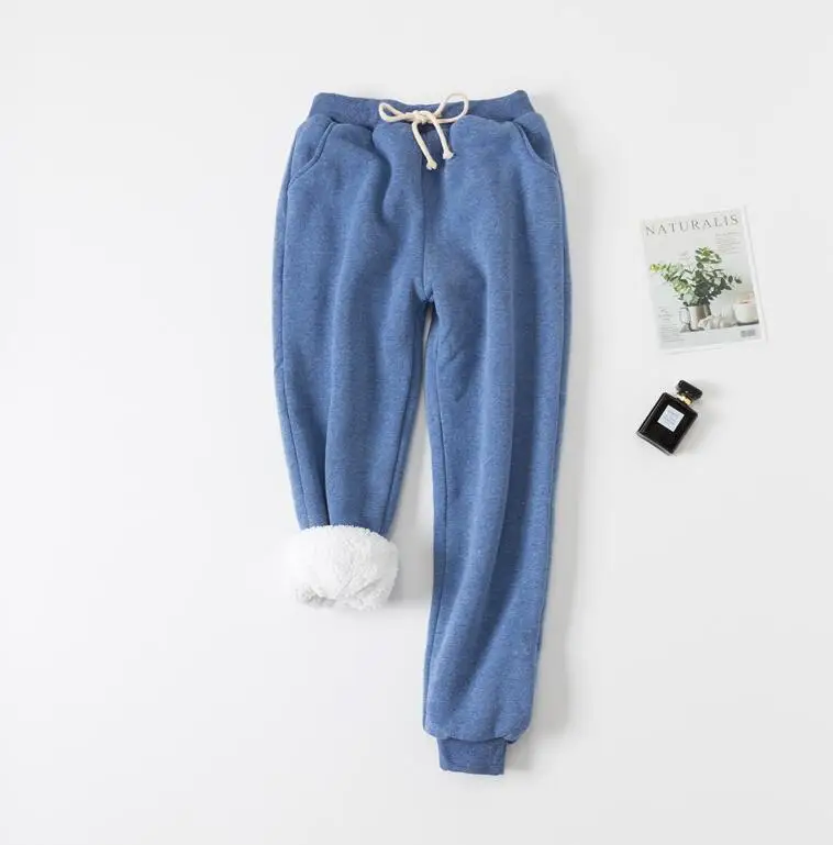 Denim blue Зимние кашемировые теплые штаны-шаровары для женщин, повседневные брюки для женщин, теплые толстые кашемировые штаны из овчины, женские свободные штаны, большие размеры - Цвет: Denim blue