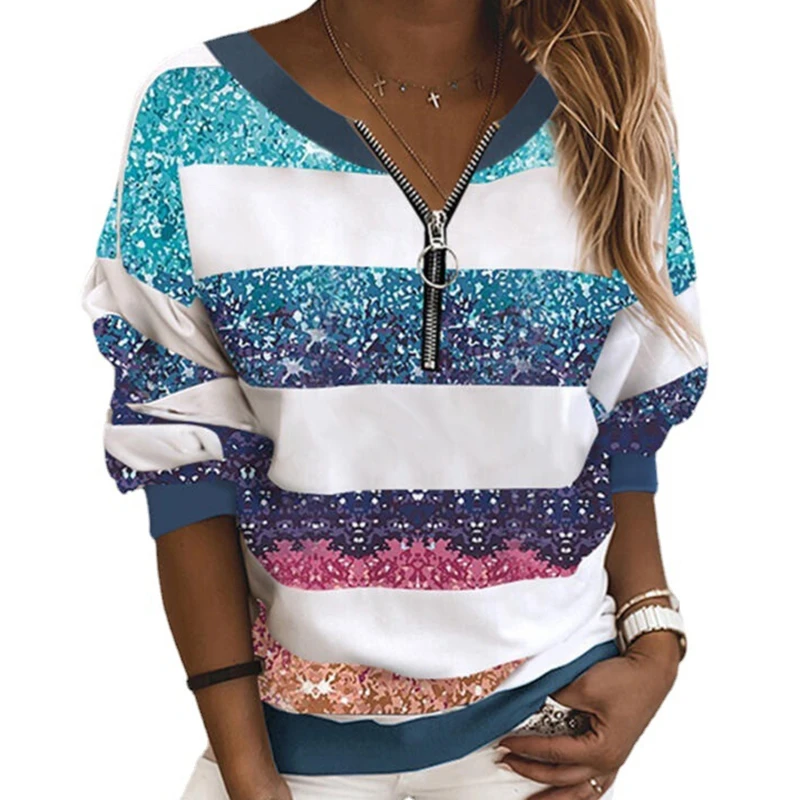 

2021 Casual Striped Patchwork Pullover Tops Fashion Women Long Sleeve Sweatshirt Elegant Zipper V Neck Sweatshirt