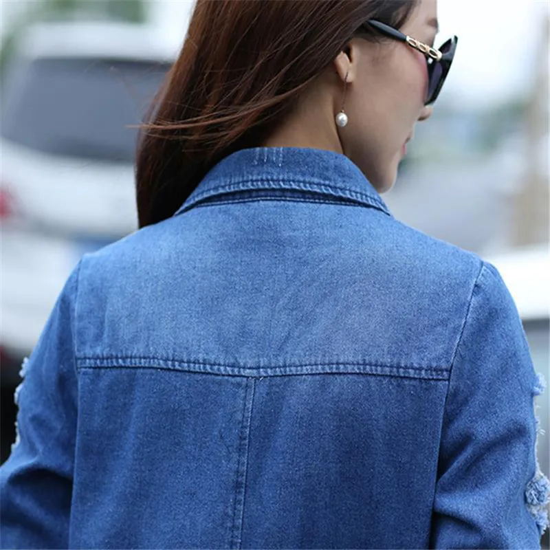 

Spring Harajuku Women Jacket Long Sleeve Single Breasted Female Solid Slim Denim Jacket Autumn Women Hole Denim Jacket Plus Size