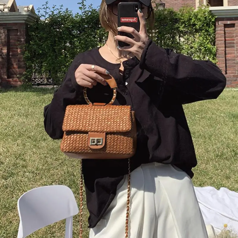 

Coolcept Women Designer Hand Bag Woven Bags Chains Summer Women Shoulder Bag Fashion Metal Decoration Satchels Female Handbag