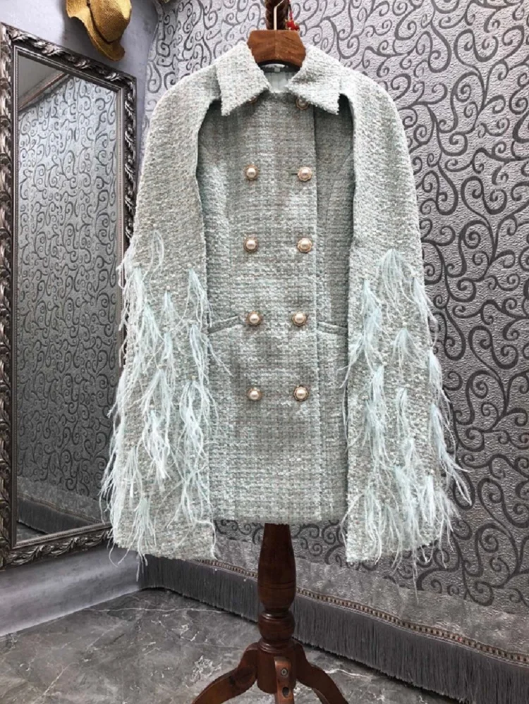 

Cape Poncho Coat 2021 Winter High Quality Wool Blend Women Turn-down Collar Beading Feathers Deco Casual Woolen Outerwear Coats
