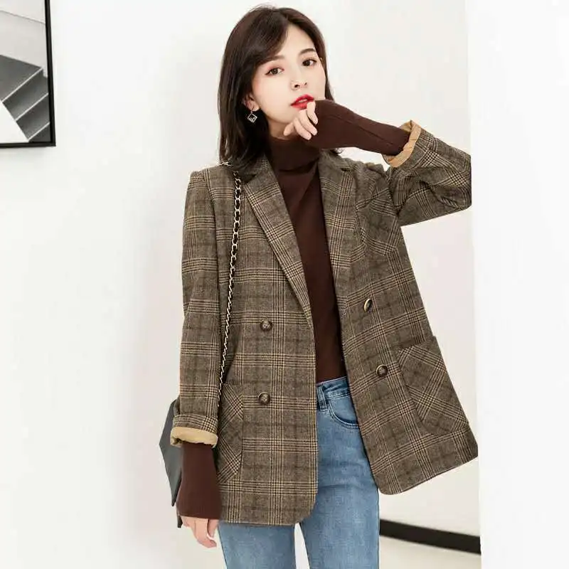 

Vintage Double Breasted Office Ladies Plaid Blazer Woolen Jacket Houndstooth Suit Coat Jacket Women Blazers Female 2022 Y852